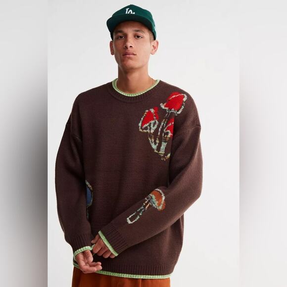 UO Urban Outfitters Brown Graphic Mushroom Crew Sweater in Men's Small - Picture 1 of 11
